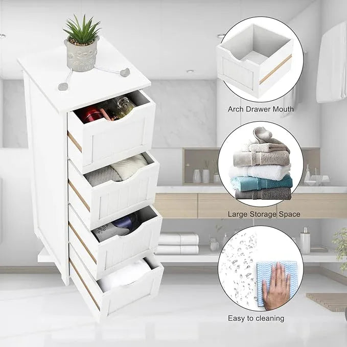 Bonnlo Skinny Bathroom Floor Storage Cabinet,White 12 Inch Wide Deep Small Storage Organizer with 4 Drawers, Wooden Modern Thin Free Standing Tower Cabinet w/ 4 Cute Drawers for Bathroom, Living Room - ModernBath