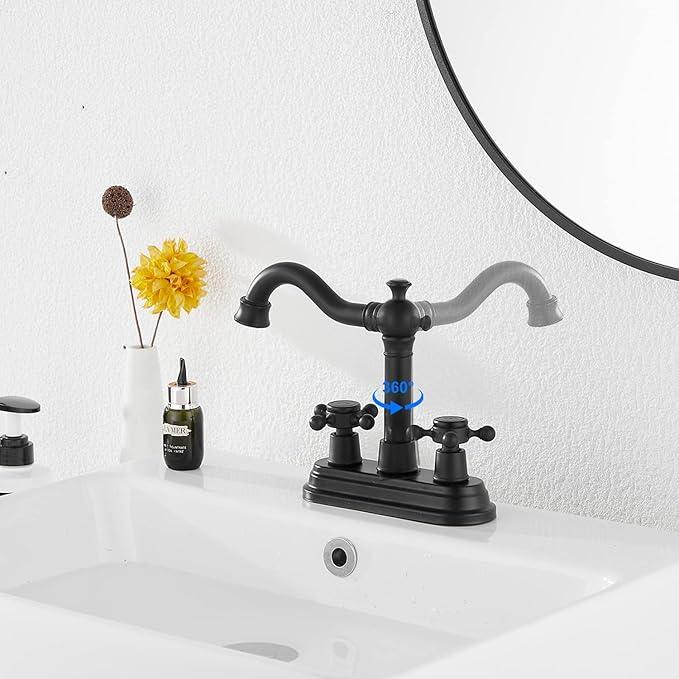 Bathroom Faucet Matte Black GGStudy 2 Handles 4 Inches Centerset Bathroom Vanity with Drain Assembly and Supply Hose Lavatory Faucet Mixer Double Handle Tap - ModernBath