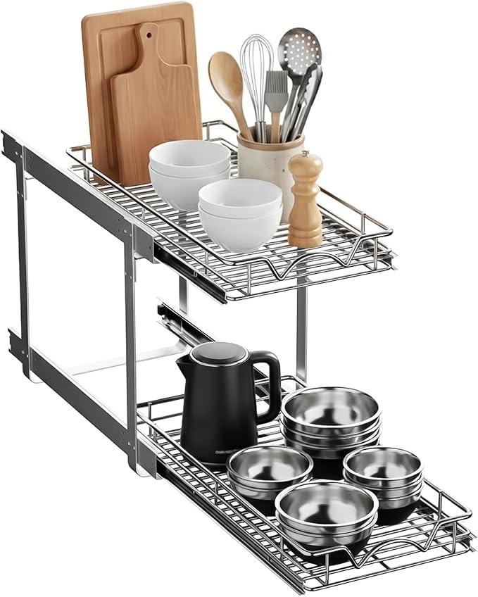 HOLDN’ STORAGE Two Tier Pull Out Cabinet Organizer, Individual Sliding Drawers - Heavy Duty Metal with Lifetime Limited Warranty - Anti Rust Chrome Finish - 11" W x 21”D x 16.5" H - ModernBath