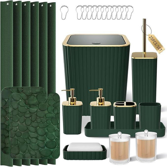 XLHOMO Bathroom Accessory Set - 25PC Green Bathroom Sets, Bathroom Set with Shower Curtain and Rugs, Dark Green Shower Curtain Set, Trash Can, Qtip Holder Dispenser & Soap Dispenser - ModernBath