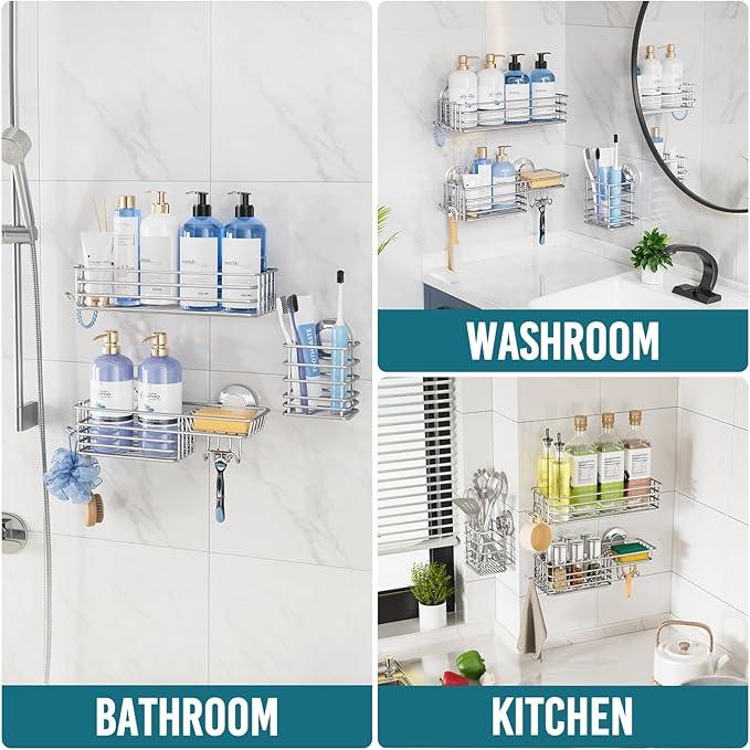TAILI Shower Caddy Suction Cup, 3 Pack Shelves for Inside with Hooks & Soap Holder Toothbrush Cups, Removable Bathroom Organizer, Rustproof Silver Storage-Silver - ModernBath