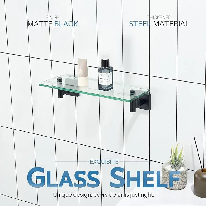 KOKOSIRI Bathroom Shelves Glass Floating Shelf 12-Inch for Bedroom Living Room Kitchen Hanging Rack Rustproof Wall Mounted Black 2 Pack B1105BK-L12-P2 - ModernBath