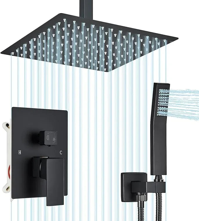 Shower Faucet Set Matte Balck Rain Shower System with High Pressure 12 Inches Rain Shower Head and Handheld Spray Bathroom Luxury Rain Mixer Shower Complete Combo Set Ceiling Mounted - ModernBath