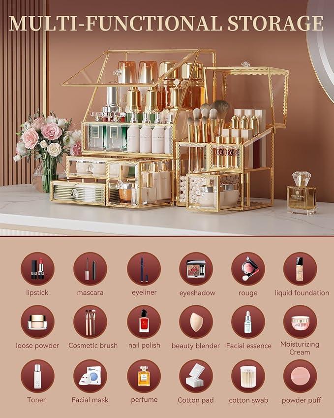 CoralHouse Clear Makeup Organizer with Gold Frame – Countertop Vanity Organizer for Skincare, Lipsticks, Perfume & Brushes – Bathroom Cosmetic Storage Display Box - ModernBath