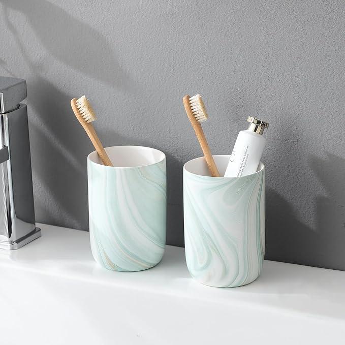 Green Marble Toothbrush Holders - Ceramic Toothbrush Holders for Bathrooms, Toothbrush Toothpaste Holders, Marble Bathroom Tumbler Cups Reusable Toothbrush Mouthwash Cup, Bathroom Counter Organizer - ModernBath
