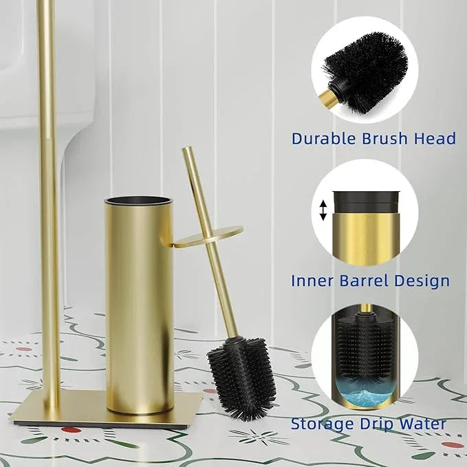 RUACQ Toilet Paper Holder Stand with Toilet Brush and Holder Set, 304 Stainless Steel Bathroom Toilet Tissue Paper Roll Holder Free Standing, Weighted Base, Heavy Duty (Brushed Gold) - ModernBath