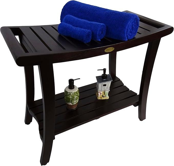 DecoTeak Harmony 30 Inch Extended Height Brown Waterproof Teak Wood Shower Bench | Provides Safety, Storage, and Organization for Bathroom Accessories - ModernBath