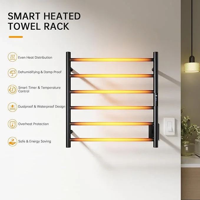 Towel Warmer Rack, Heated Towel Racks for Bathroom, Wall Mounted Towel Warmer, Stainless Steel 6-Bars Drying Rack with Intelligent Touch Screen Timer, Matte Black - ModernBath