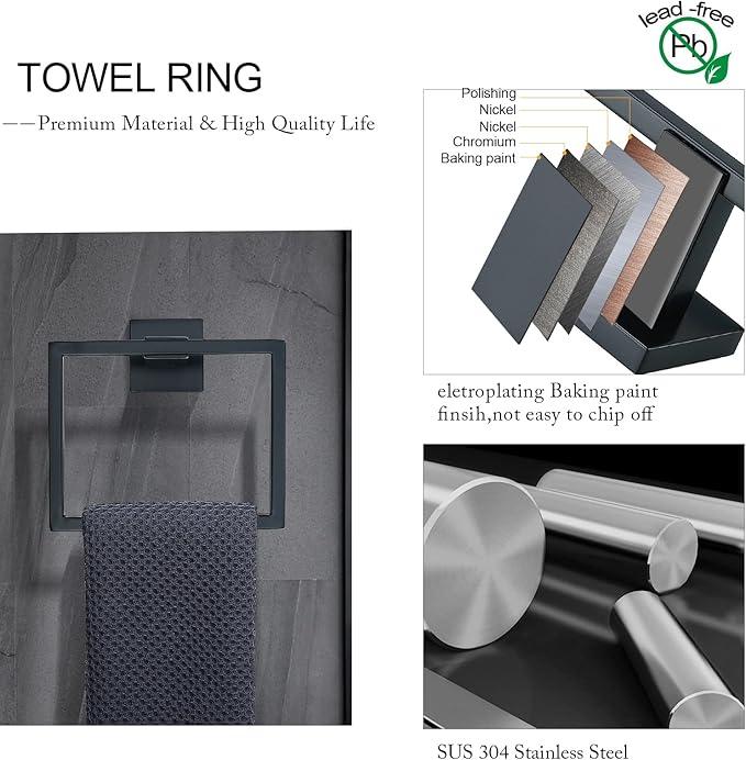 TNOMS Black Towel Bar Set 5-Piece Bathroom Hardware Set Including 23.6 Inch Towel Bar,Towel Ring Towel Hook and Toilet Paper Holder with Shelf,Stainless Steel Bathroom Accessories Set - ModernBath