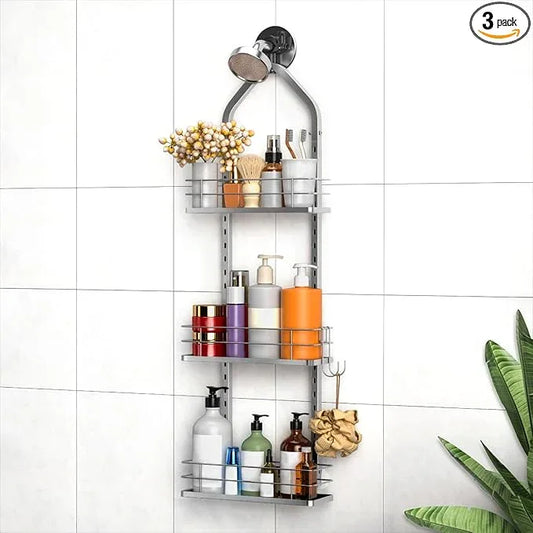 Shower Caddy Hanging (Silver), Adjustable Anti-Swing-Over The Shower Head Caddy, 3 Tier Height Bathroom Storage Organizer Bathroom Shelves Basket Rack Shower Caddies (3Tier) - ModernBath