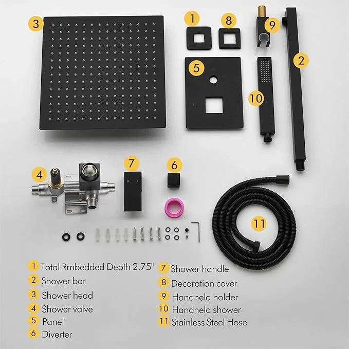 Fransiton Shower Faucet set with Shower head 10 Inches Rainfall Shower Head and Handle Set Single Handle Wall Mounted Shower System Set with Female Threads Valve Body(Matte Black) - ModernBath
