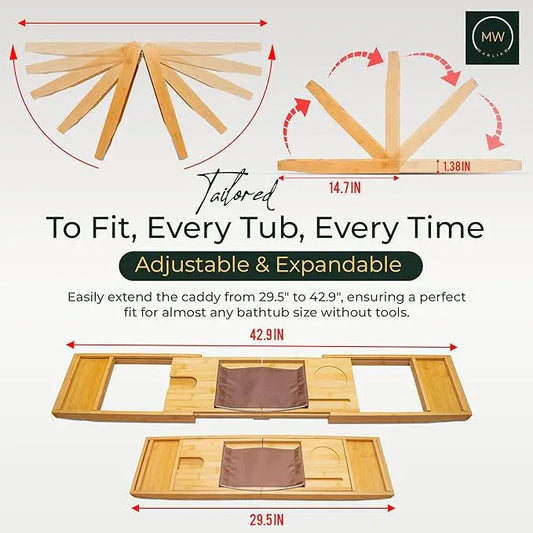 Luxury Foldable Bamboo Bathtub Tray - Wine Glass and Tablet Holder, Spa Bath Caddy for Relaxation, Gifts for Her, Him, Couples, Adjustable and Waterproof, Perfect for Birthdays, Weddings, Housewarming - ModernBath