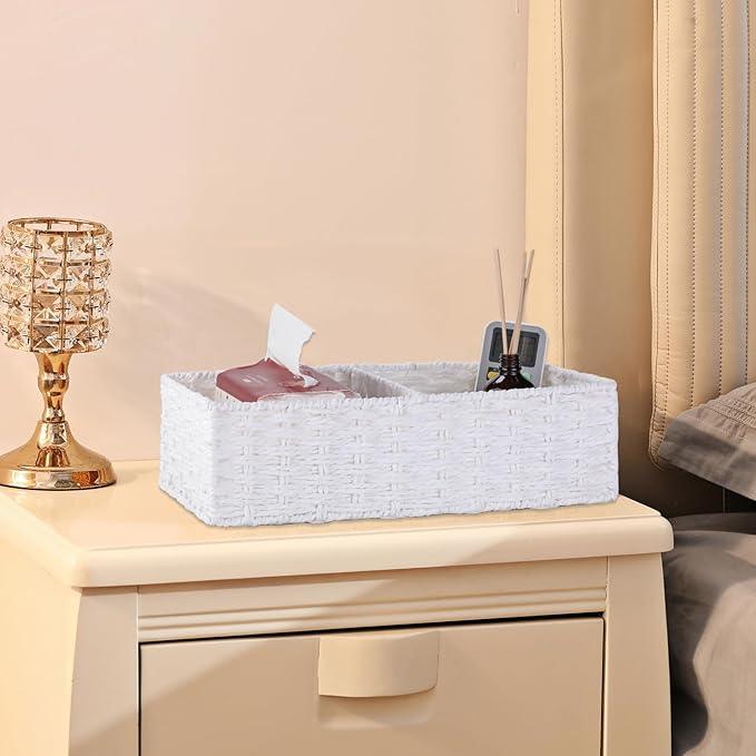Vagusicc 2 Section Wicker Storage Basket, Wicker Baskets for Storage, Toilet Paper Basket for Toilet Tank Top, Small Wicke Baskets for Organizing Shelves, 2-Pack, White - ModernBath