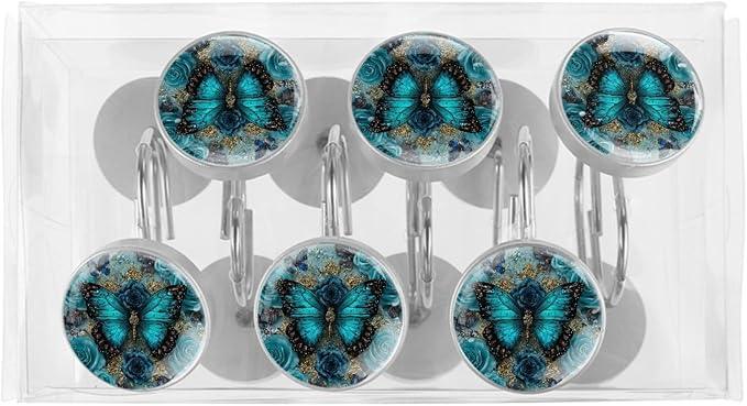 Navy Blue Butterfly Shower Curtain Hooks 12Pcs, Decorative Rust Resistant Shower Rings for Shower Curtain Rods, Stainless Steel Round Curtain Hooks for Bathroom, Bedroom, Farmhouse - ModernBath