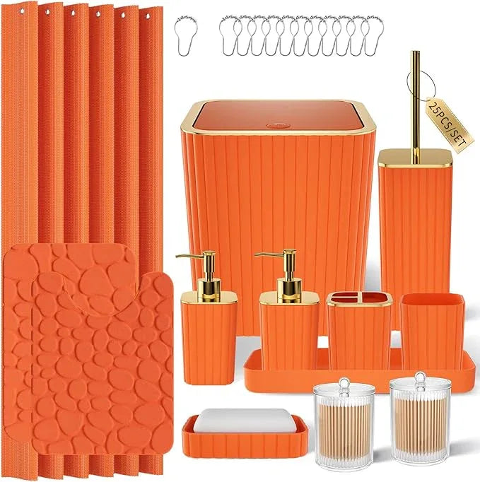 XLHOMO Bathroom Accessories Set - 25PC Bathroom Sets with Shower Curtain and Rugs, Orange Bathroom Accessories with Trash Can, Soap Dispenser, Soap Dish & Toilet Brush - ModernBath