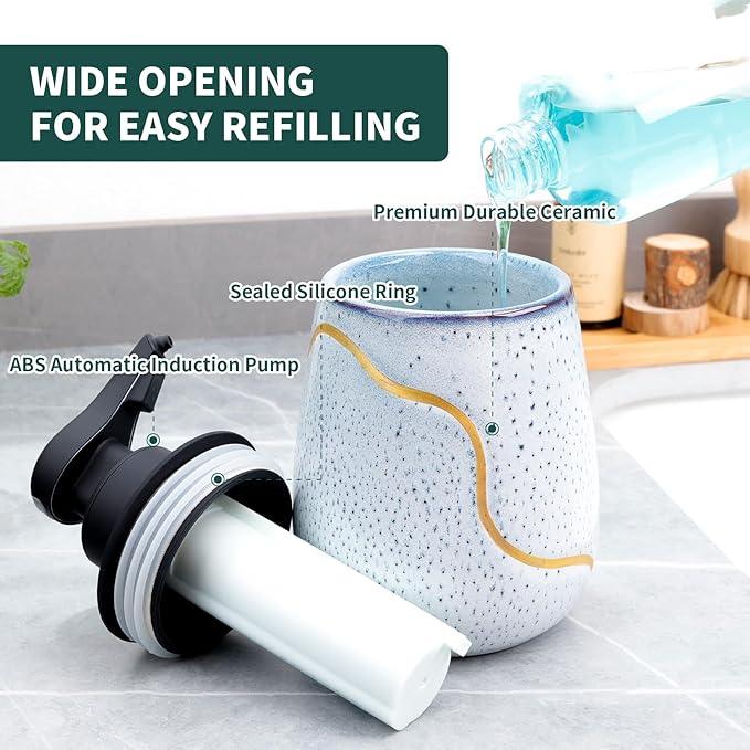 BosilunLife Automatic Soap Dispenser Bathroom - Liquid Hand Free Dispenser Smart Electric Ceramic Lotion Soap Dispenser Touchless with Waterproof Pump Rechargeable for Dish Soap, 17oz, Speckled Blue - ModernBath