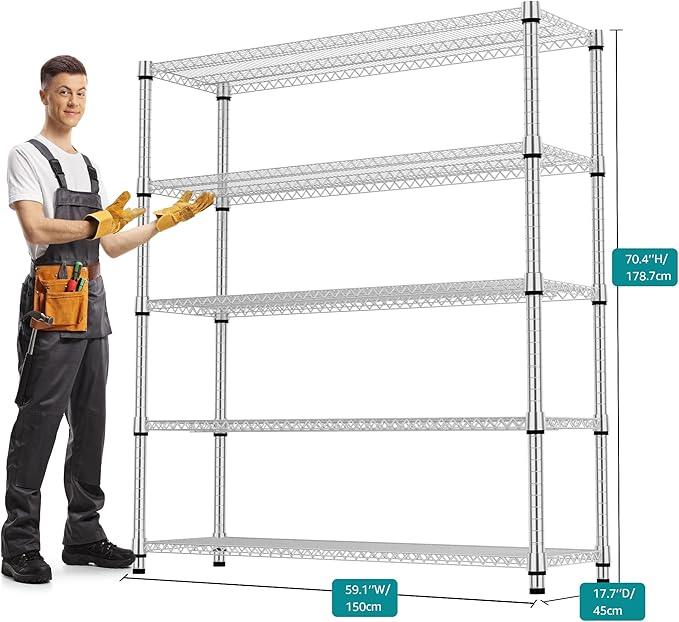 5 Tiers Shelf 3300 lbs Steel Storage Shelving Utility Shelving Unit Steel Organizer Wire Rack for Home,Kitchen,Office,Garage Chrome 17.7" D x 47.2" W x 70.3" H - ModernBath