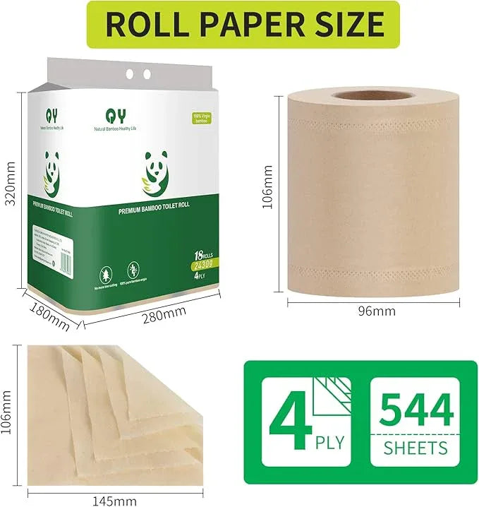 QingYa Bamboo Toilet Paper, 4-Ply, 18 Rolls, 200 Sheets Per Roll, Total 3600 Sheets, Unbleached, Sustainable and Tree Free, Soft, Strong, Earth-Friendly - ModernBath