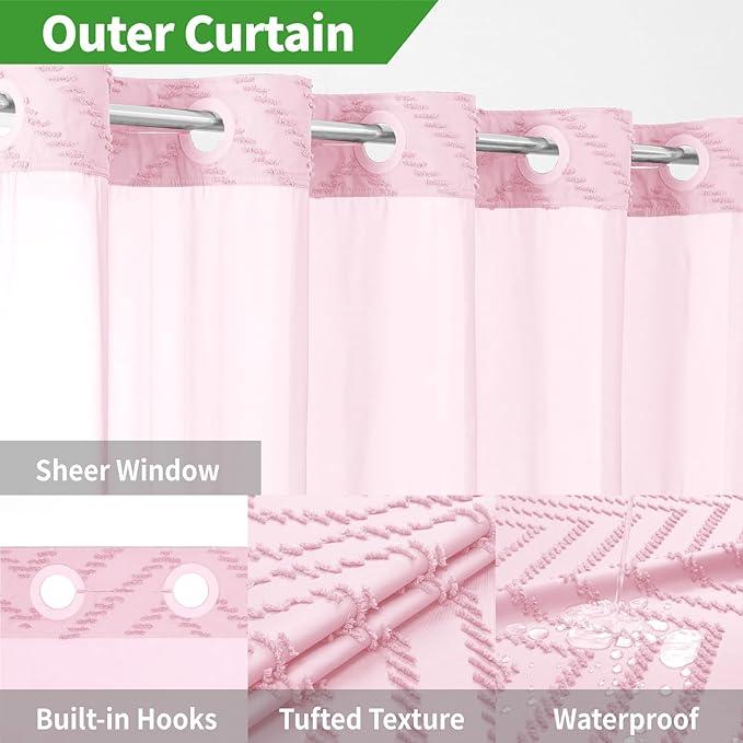 eachope Stall No Hook Boho Farmhouse Shower Curtain with Snap-in Fabric Liner set-54Wx80H(78H),Pink Tufted Chevron Striped Hotel Grade Cloth Shower Curtains for Bathroom,Water Repellent - ModernBath