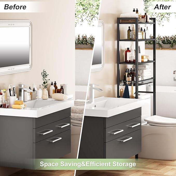 Over-The-Toilet Storage Rack, 4-Tier Bathroom Organizer Shelf Over Toilet with Adjustable Shelf and Basket, Freestanding Space Saver Bathroom Shelves Above Toilet for Room (Pure Black) - ModernBath