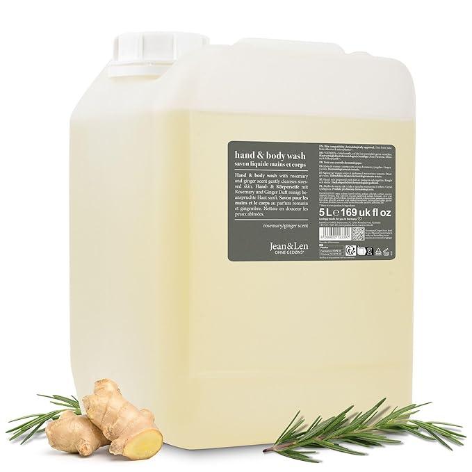 Jean & Len Hand & Body Wash Rosemary and Ginger in canister, cleans and cares for the skin, spicy fresh scent, liquid soap in refill canister, without silicones & parabens, 169.07 Fl. OZ. - ModernBath