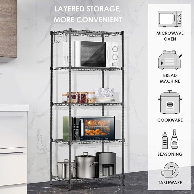 BNSPLY 5 Tier Wire Shelving Unit, Adjustable Wire Rack Shelving, Changeable Metal Wire Storage Shelves for Kitchen, Laundry, Bathroom, Balcony, Pantry (11.4" D x 21.3" W x 59" H, Black) - ModernBath