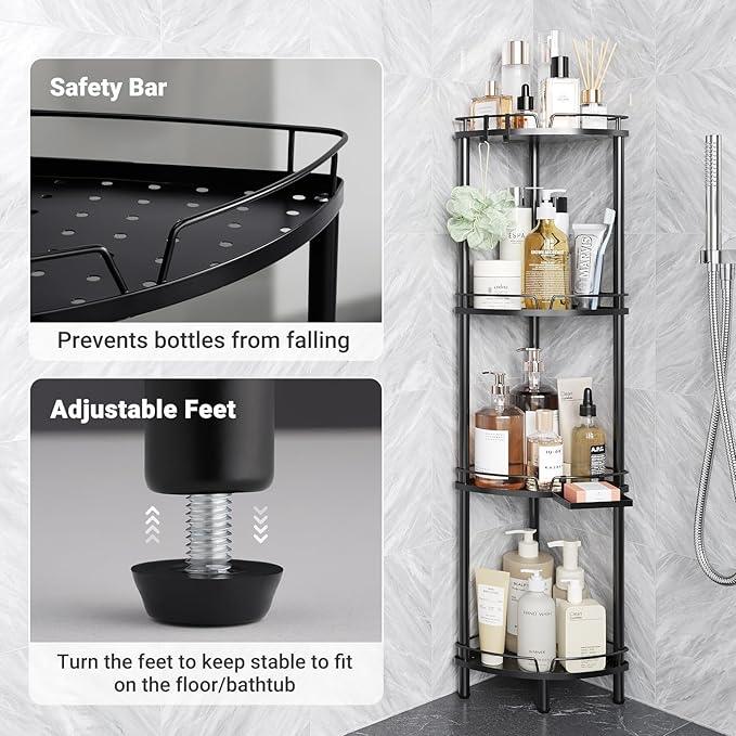 ELYKEN Corner Shower Caddy Standing, 4 Tier Rustproof Metal Shower Organizer with Soap Holder, Floor Shower Corner Shelf Rack Storage Stands with Adjustable Feet & 2 Hooks for Bathroom, Black - ModernBath