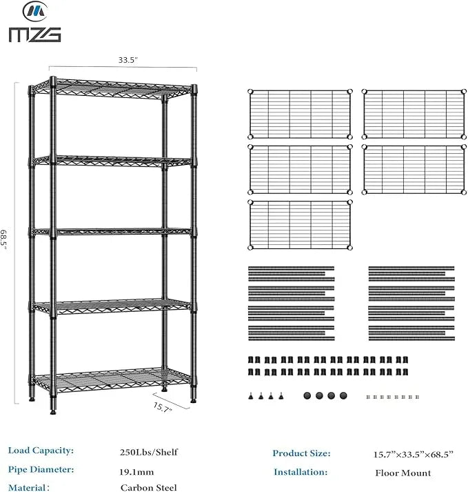 1250 lbs 5 Tier Shelf Metal Storage Shelves Shelving Wire Rack Heavy Duty Closet Organizers for Garage Kitchen Bathroom Laundry Black 15.7" D x 33.5" W x 68.5" H - ModernBath