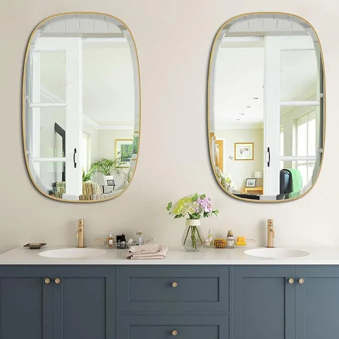 POZINO Brushed Gold Beveled Mirror, 24"x40" Modern Rounded Rectangle Mirrors, Brass Oval Mirrors, Oblong Vanity Wall Mirror in Premium Stainless Steel Frame, Hangs Horizontal Or Vertical - ModernBath