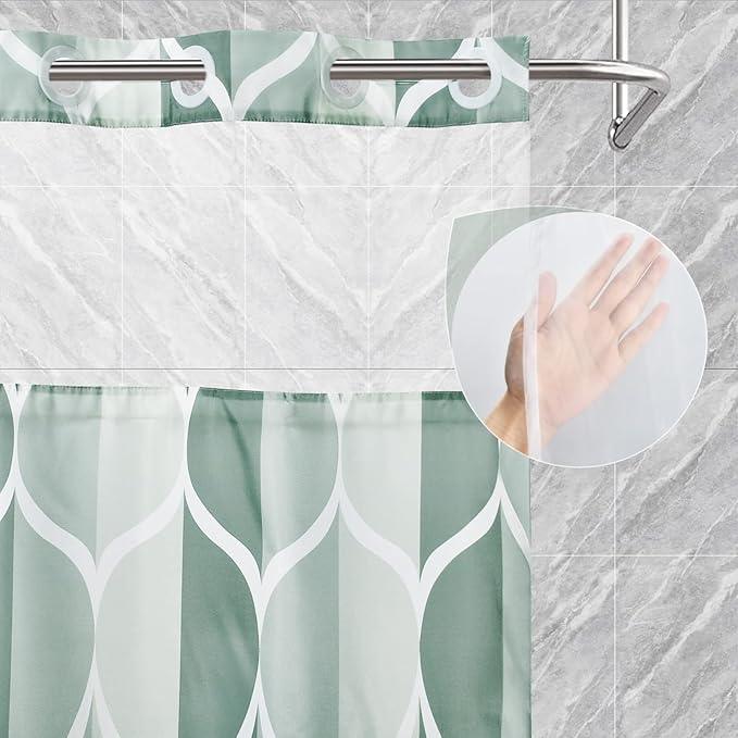 Yiatn No Hook Dark Green Double Shower Curtain with Snap in Fabric Liner Set - Hotel Style with See Through Mesh Top Window, Modern Geometric Waterdrop Design,Waterproof and Washable, 71x74 INCH - ModernBath