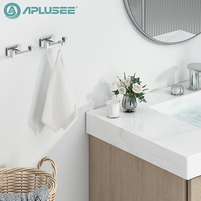 APLusee Double Robe Towel Hook Polished Chrome 2 Pack, 304 Stainless Steel Square Towel Hanger, Minimalist Coat Holder for Modern Bathroom Washroom - ModernBath
