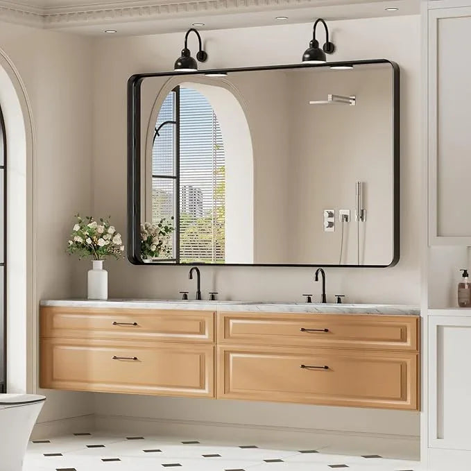 Koonmi Black Wall Mirror for Bathroom, 36x55 Inch Matte Deep Framed Rounded Rectangle Vanity Mirror for Farmhouse Living Room, Tempered Glass, Anti-Rust, Vertically or Horizontally - ModernBath