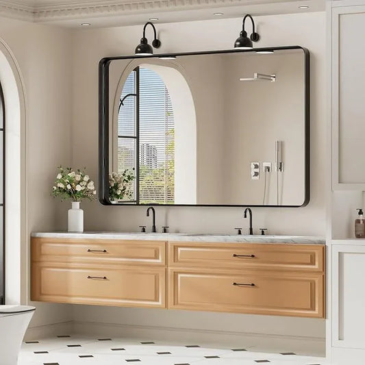 Koonmi Black Wall Mirror for Bathroom, 36x55 Inch Matte Deep Framed Rounded Rectangle Vanity Mirror for Farmhouse Living Room, Tempered Glass, Anti-Rust, Vertically or Horizontally - ModernBath