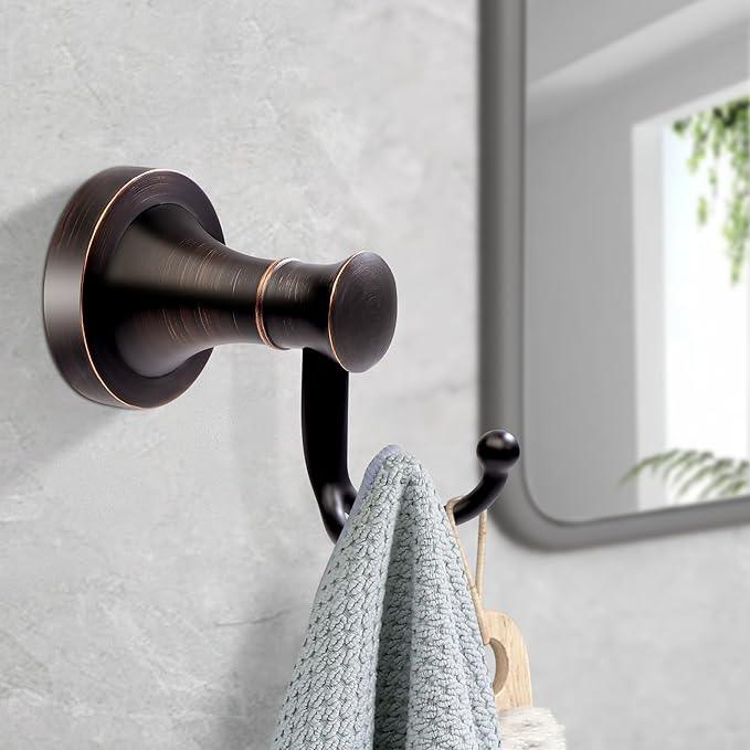 Oil Rubbed Bronze Bathroom Towel Hook, Bronze Bathroom Robe Hook, Heavy Duty Double Towel Hooks Bath Farmhouse Coat Clothes Hook Wall Mounted Rustic for Kitchen Washroom - ModernBath