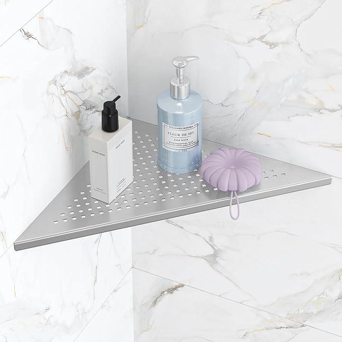 Bathroom Corner Shelf, Recessed 12" Shower Shelf Caddy, SUS304 Stainless Steel Shelf Wall Mount Triangular, No Drilling, Brushed Nickel - ModernBath