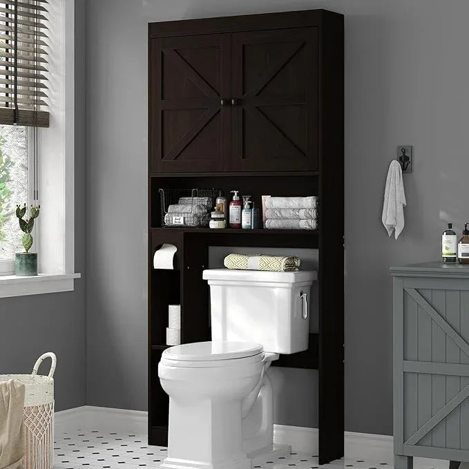 Furnideco 32.3''W Over The Toilet Storage Cabinet with Barn Doors, Over Toilet Shelf Farmhouse Storage Cabinet Space Saver with Toilet Paper Holder & Adjustable Bottom Bar, Espresso - ModernBath