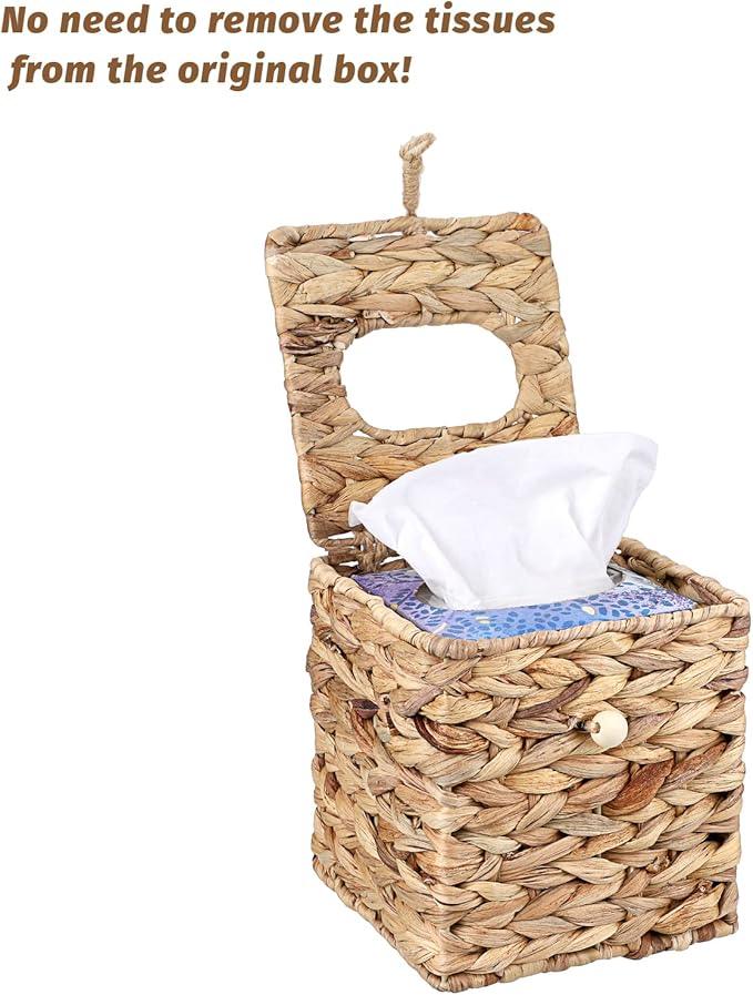 Sumnacon Tissue Box Cover Square Tissue Box with Lid, Wicker Tissue Cover for Home Office Table (Water Hyacinth, Natural) - ModernBath