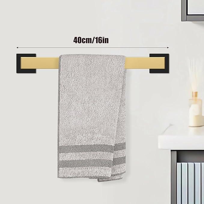 5 Piece Black and Gold Towel Bar Set - Gold and Black Bathroom Accessories with 2 Towel Hook, Stainless Steel Wall Mounted Bathroom Towel Rack Set - Square 16-Inch - ModernBath