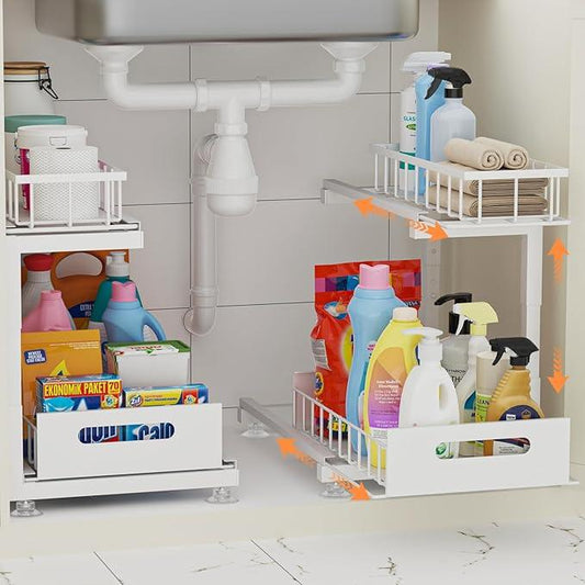 2 Pack Under Sink Organizer, Heavy Duty Metal Slide Out Sink Shelf Organizer Height Adjustable, Multi-Purpose Storage Shelf for Kitchen Bathroom (White,2Pack) - ModernBath