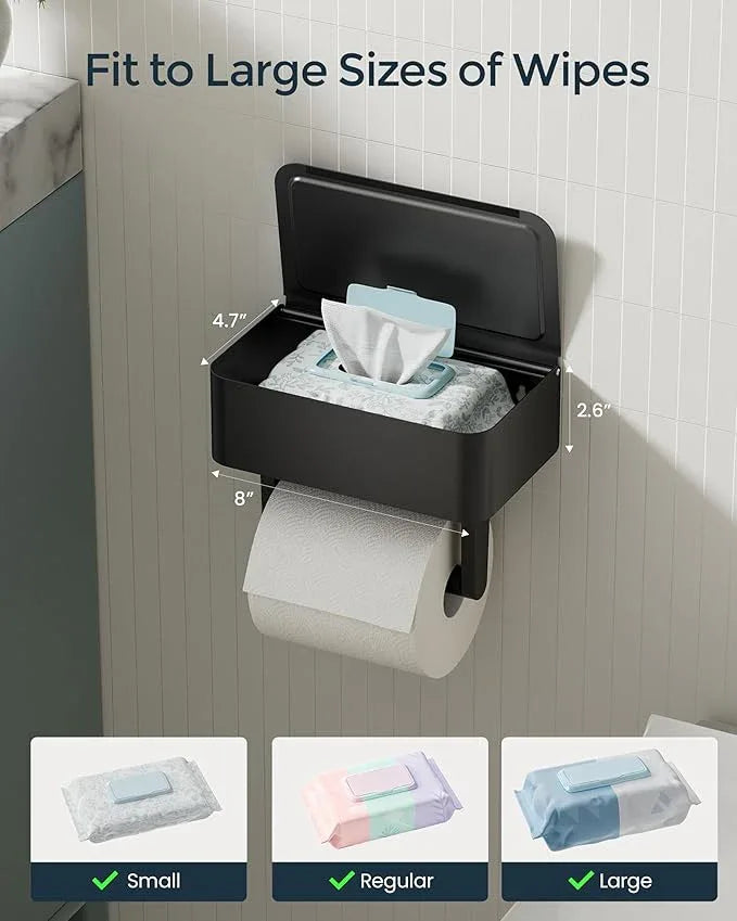 Toilet Paper Holder with Shelf - Flushable Wipes Dispenser & Storage Fits Any Bathroom, Keep Your Wet Wipes Hidden - Stainless Steel Wall Mount Bathroom Organizer -（Matte Black, Regular roll） - ModernBath