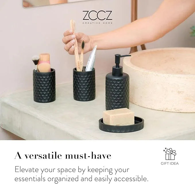 ZCCZ Bathroom Accessories Set 5 Pcs - Soap Dispenser, Toilet Brush, Toothbrush Holder, Tumbler, Soap Dish - Vintage Decor for Countertop Vanity Organizer, Black Bathroom Accessory Collection - ModernBath