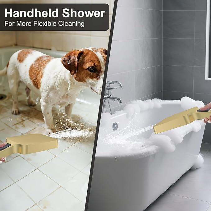 Thermostatic Shower System 13-Inch Rainfall Shower Head - 3 Setting Handheld Sprayer, Complete Bathroom Set with Faucet Mixer Trim Kit & Valve Brushed Gold - ModernBath