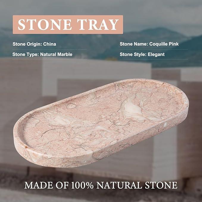 Koville Pink Marble Tray for Bathroom Countertop, Vanity Tray Stone Trays for Decor, Natural Marble Decorative Tray for Dresser Organizer, Storage Trays for Perfume, Jewelry, Cosmetics(Coquille Pink) - ModernBath