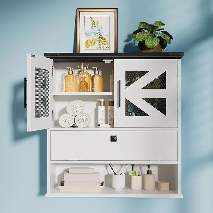 Wall Mounted Bathroom Cabinet with Double Doors, Flip-Down Storage and Open Shelf, Modern White Finish, Over-The-Toilet Space Saver Cabinet - ModernBath