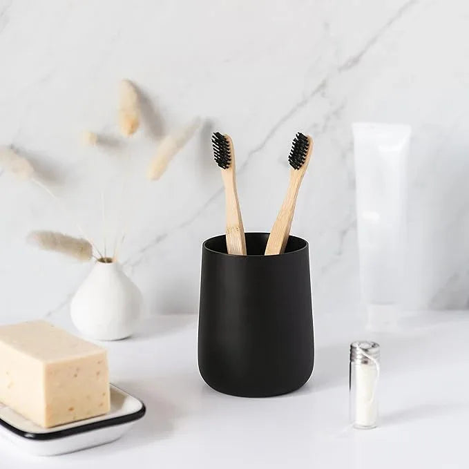 Yew Design Matte Black Toothbrush and Toothpaste Holder and Cup for Bathroom Vanity and Countertop, Round Organizer for Electric Toothbrushes, Floss, Razors, Cotton, and Mouthwash - ModernBath