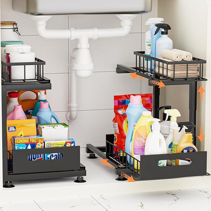 Under Sink Organizer, Heavy Duty Metal Pull Out Cabinet Organizer Slide Out Sink Shelf Organizer Height Adjustable, Multi-Purpose Storage Shelf for Kitchen Bathroom(Black,2Pack) - ModernBath