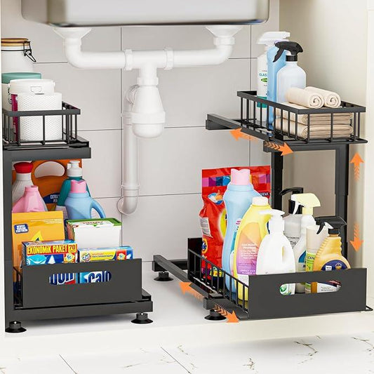 Under Sink Organizer, Heavy Duty Metal Pull Out Cabinet Organizer Slide Out Sink Shelf Organizer Height Adjustable, Multi-Purpose Storage Shelf for Kitchen Bathroom(Black,2Pack) - ModernBath