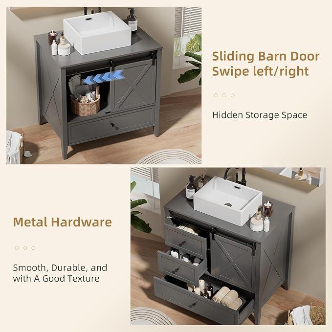 VNN Bathroom Vanity with Sink - 36 Inch Bathroom Vanity with Sink Ceramic, Freestanding Cabinet with Farmhouse Sliding Barn Door and 3 Drawers, Space-Saving Storage Cabinet, Grey - ModernBath
