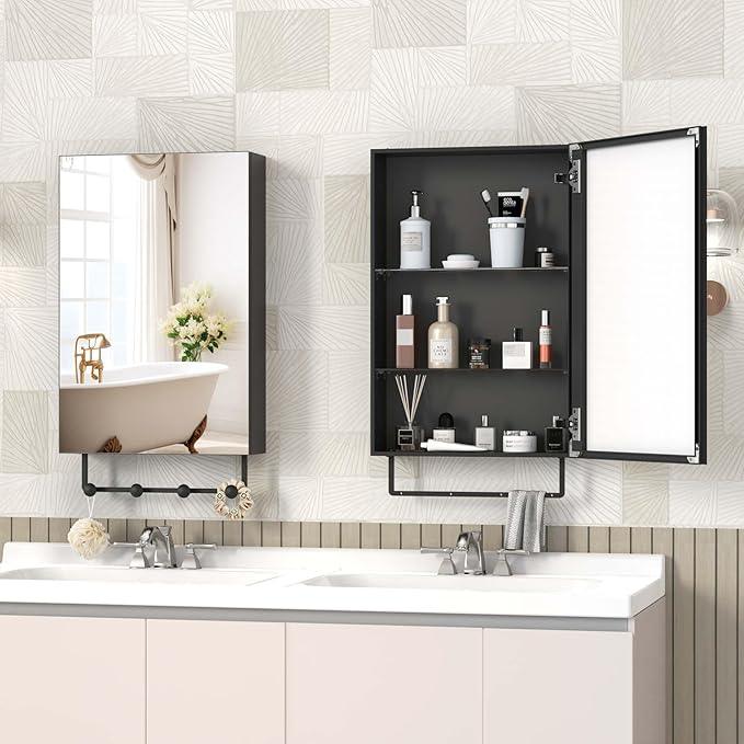 ANYHI 24"x16" Black Bathroom Cabinet with Mirror, Single Door Bathroom Wall Mirror Cabinet, 2 Adjustable Storage Organizer Shelves, 5 Removable Hooks - ModernBath