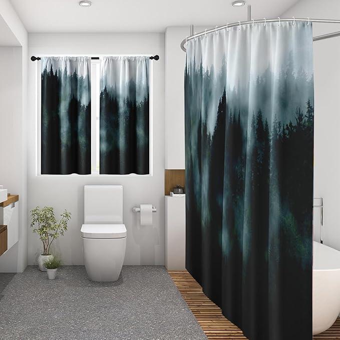 Culudea Misty Mountain Tree Green Spring Waffle Textured Cloth Shower Curtain Set, Fog Forest Nature Vintage Bathroom Window Waterproof Shower Curtains for Bathroom Decor - ModernBath